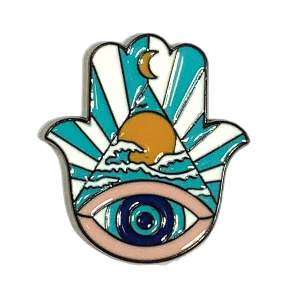 Hamsa Sun Moon Evil Eye Pyramid Enamel Pin Boho Spiritual Brooch